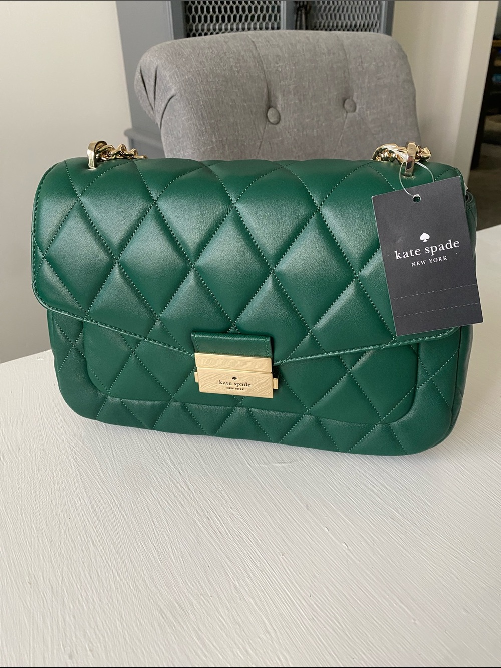 Kate Spade Green Carey Smooth Leather Medium Flap Quilted Shoulder Bag NWT - Picture 4 of 15